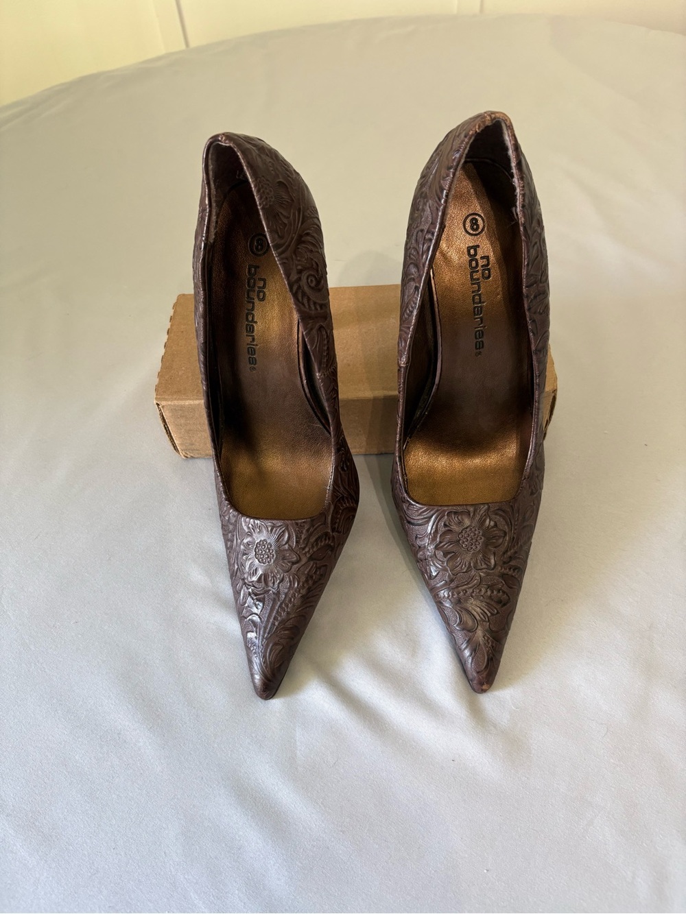 No Boundaries Brown Embossed Pointed-Toe Pumps